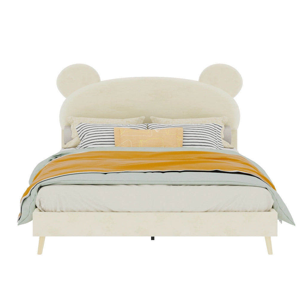 DESMIU Letto per bambini 140 × 200 cm con testiera orso, in tessuto e metallo, materasso incluso, beige