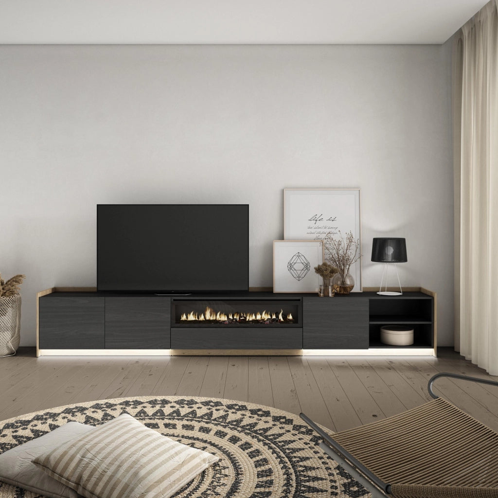Mobile TV Soggiorno, 310x50x37 cm, Per TV fino a 80", Camino elettrico, LED, Nero e rovere