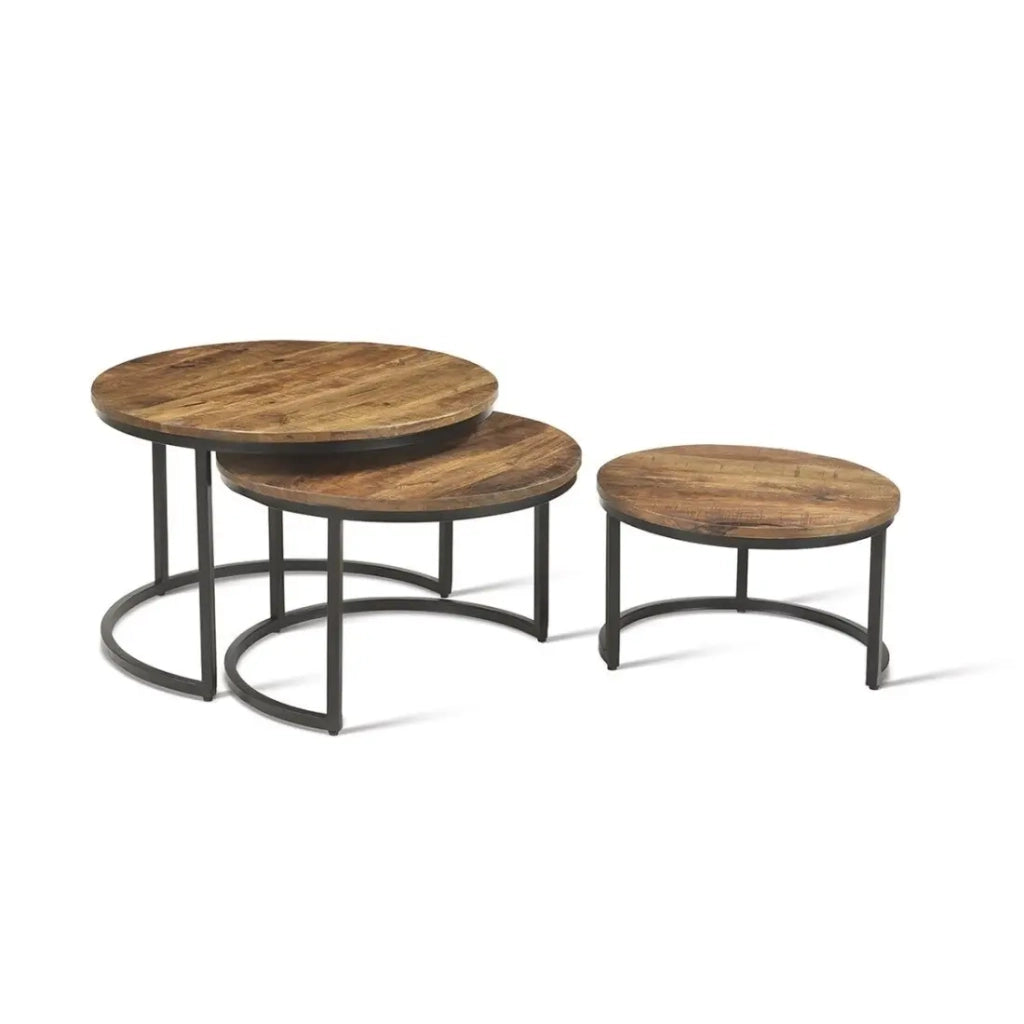 Table bassa ARNOLD – Set di 3 tavolini nidificati rotondi – Marrone legno e metallo – Stile contemporaneo