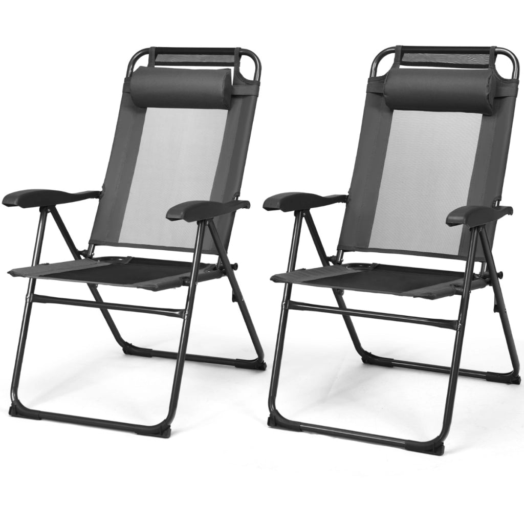 Set di 2 sedie reclinabili pieghevoli da patio, Sedie regolabili con poggiatesta per cortile Grigio-Poltrone e sdraio