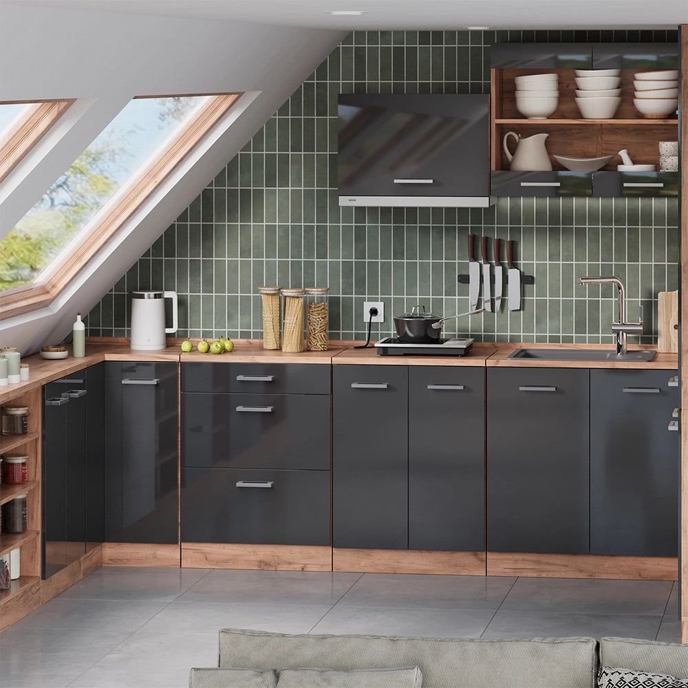 Mobile cucina sottotetto R-Line Antracite lucido/Rovere dorato 60 cm senza inclinazione con 3 cassetti Vicco