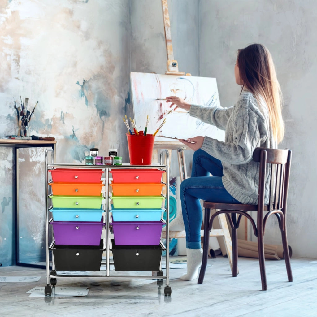Carrello con 12 cassetti in plastica da ufficio e domestico, Carrello multiuso 64x38x75cm Colorato-Armadi da ufficio