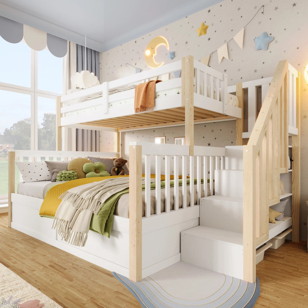 LETTO a castello 90x200 cm+140x200 cm in pino e MDF bianco/naturale