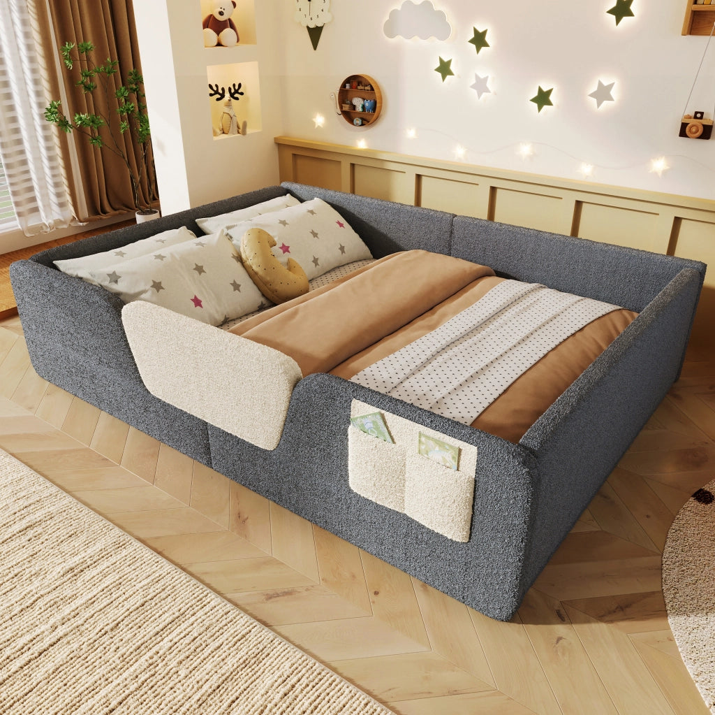 Letto imbottito 140x190 cm con sponde laterali rimovibili in velluto grigio