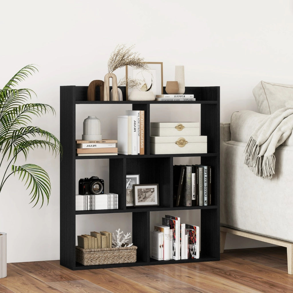 Libreria a cubi aperti con 7 scomparti, Mensola espositiva per l'archiviazione in legno per studio soggiorno Nero-Librerie