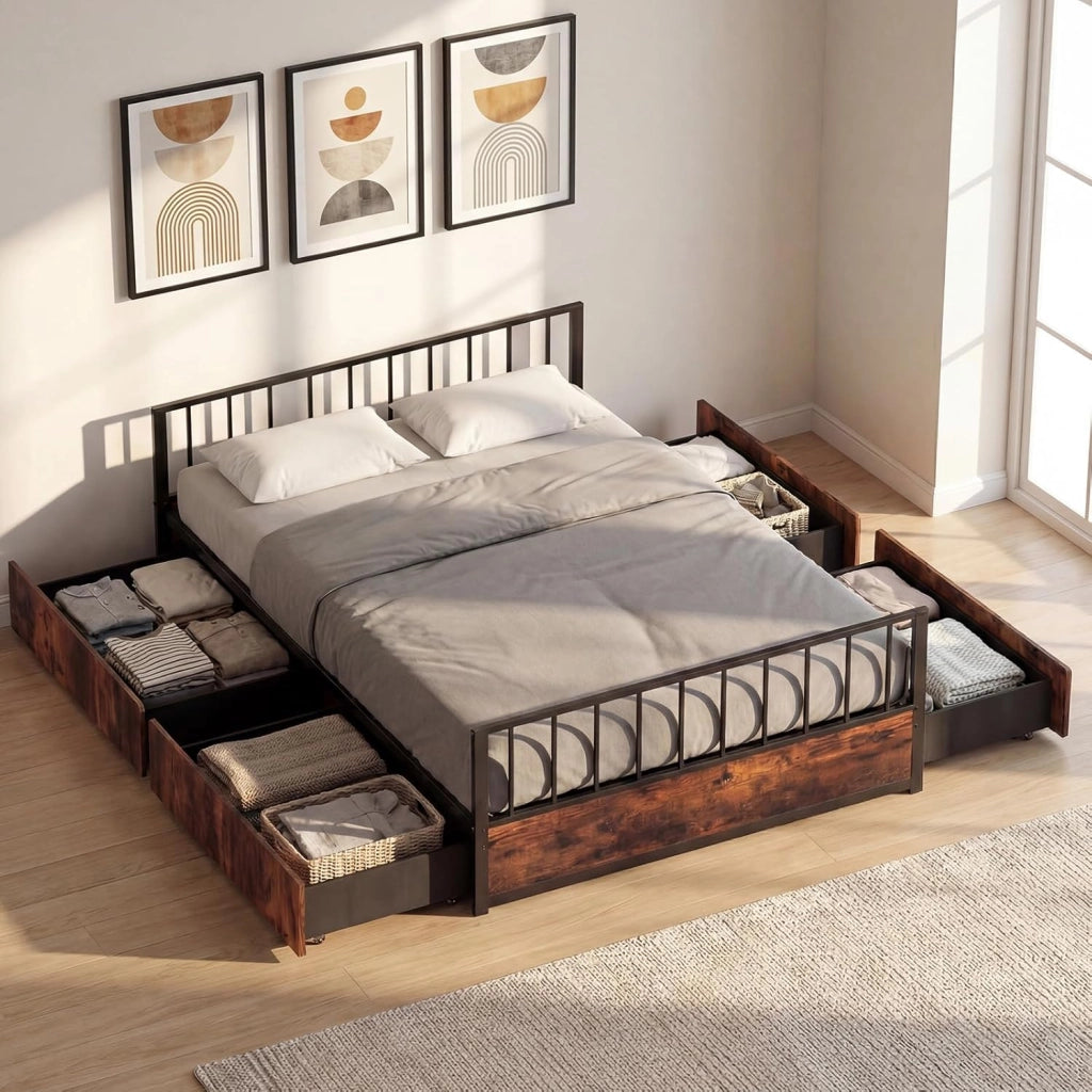Letto Singolo 90x200 cm, Struttura Letto a Piattaforma Industriale con Testiera Pediera e 2 Cassetti, Doghe in Metallo, Silenzioso