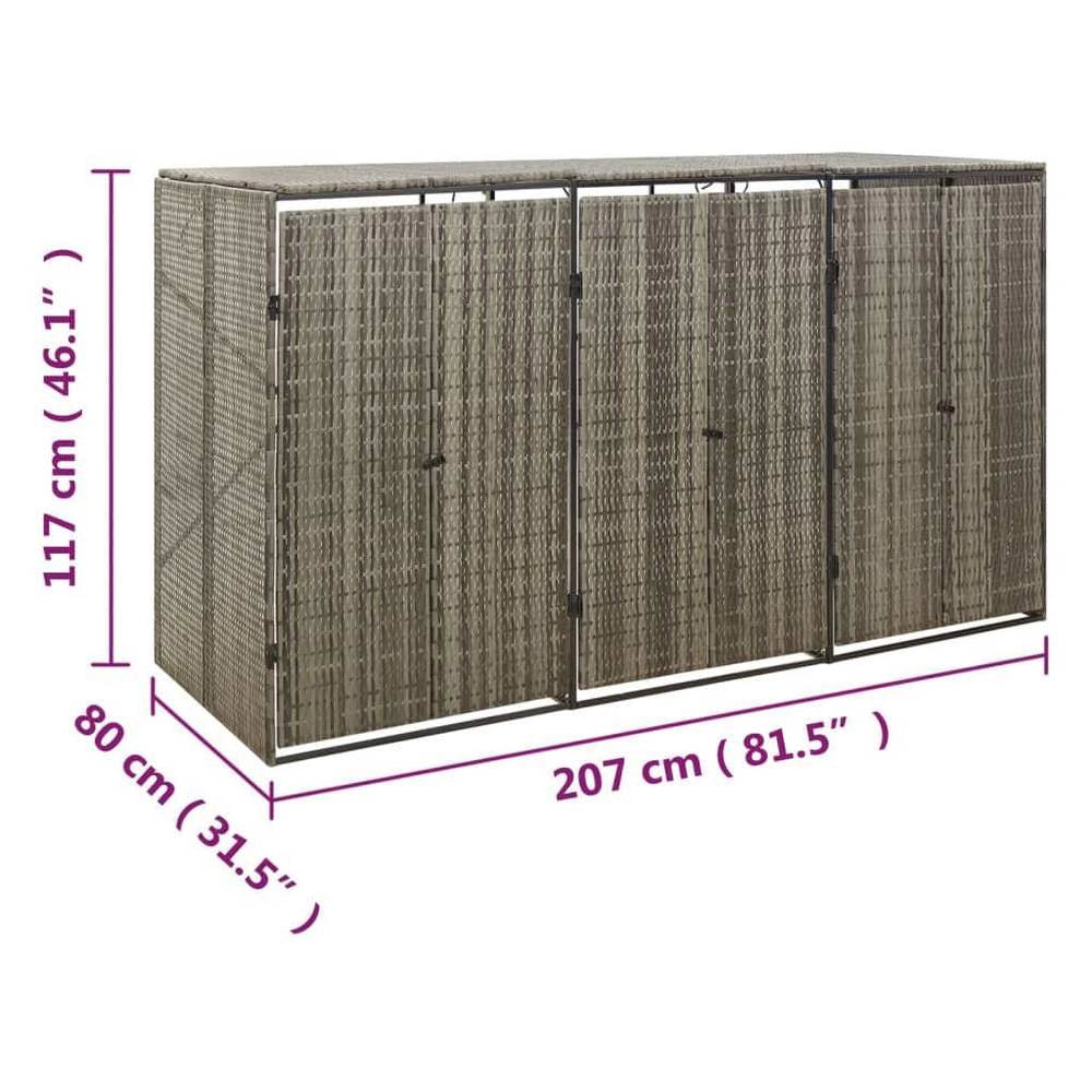 Bin Storage Unit For 3 Bins, Grey, 207x80x117 Cm, Poly Rattan