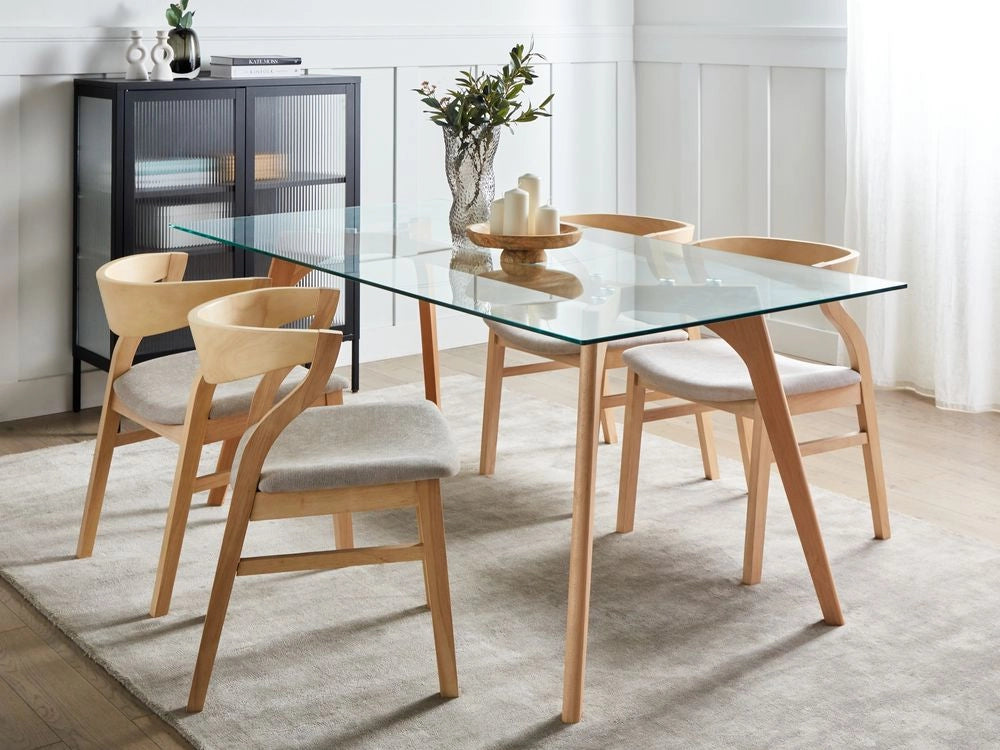 Tavolo da Pranzo Trasparente 180 x 90 cm Piano in Vetro Gambe in Legno Rettangolare Scandinavo Moderno