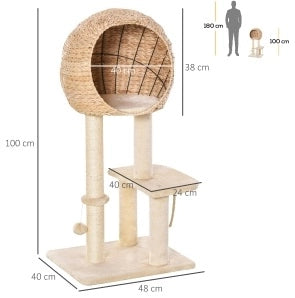 Tiragraffi beige con cuccia, sisal e pallina, 100 cm