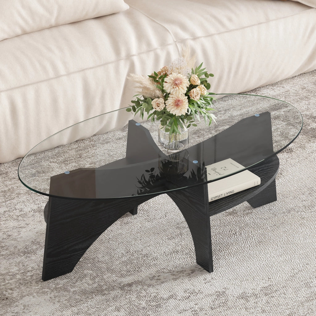 TAVOLINO Ovale in Vetro di Sicurezza 104,9 x 60 x 35,6 cm Nero/Trasparente