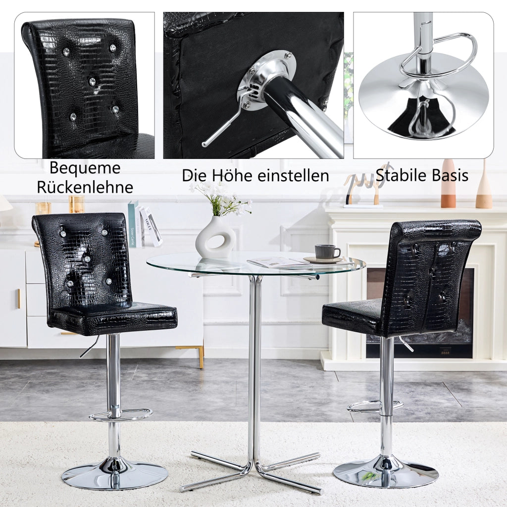 Sgabello da bar vintage con design effetto coccodrillo e dettagli cristallo, seduta comoda impermeabile in PVC nero