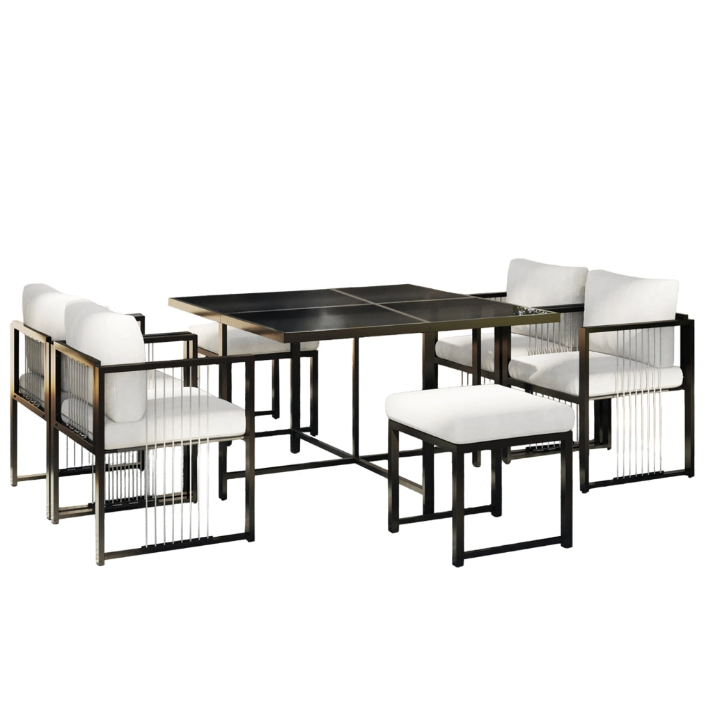 Set da pranzo da esterno 7 pezzi con tavolo quadrato 117x117 cm; vetro temperato nero; bianco e nero