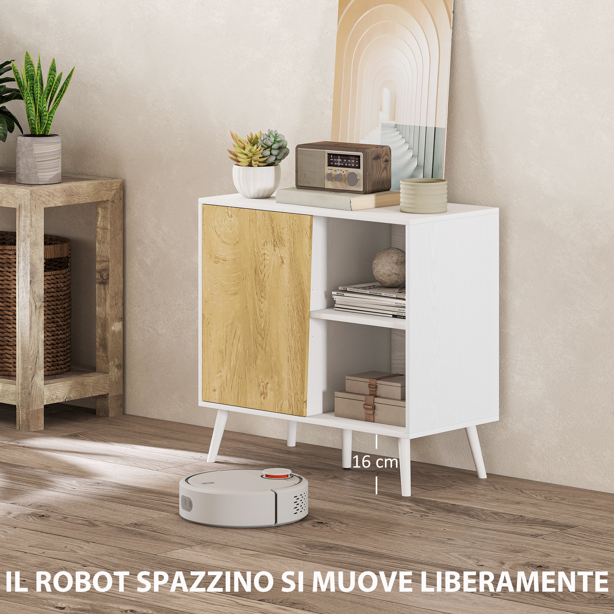 Credenza Moderna Mobile Basso 80x39x76 cm con Armadietto e Vani a Giorno in Legno Bianco
