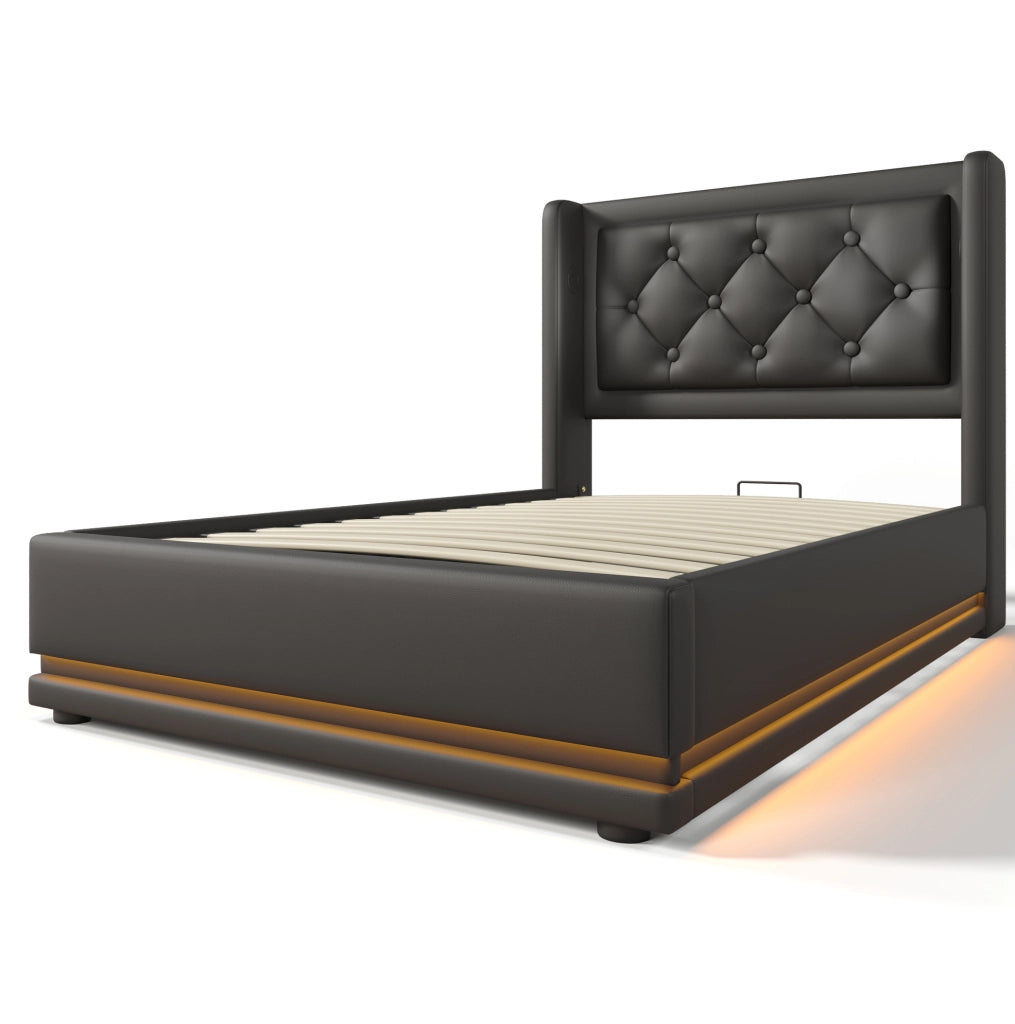Letto singolo 90x200 cm in PU nero con contenitore; testiera imbottita; LED e USB Type-C