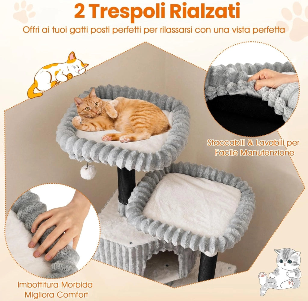Albero per Gatti Alto 156 cm, Tiragraffi per Gatti con 2 Condo, 2 Letti a Ponte, Pali per Graffi, Palline Sonore Pendenti e Rivestimento Morbido in Flanella, Mobile per Gattini
