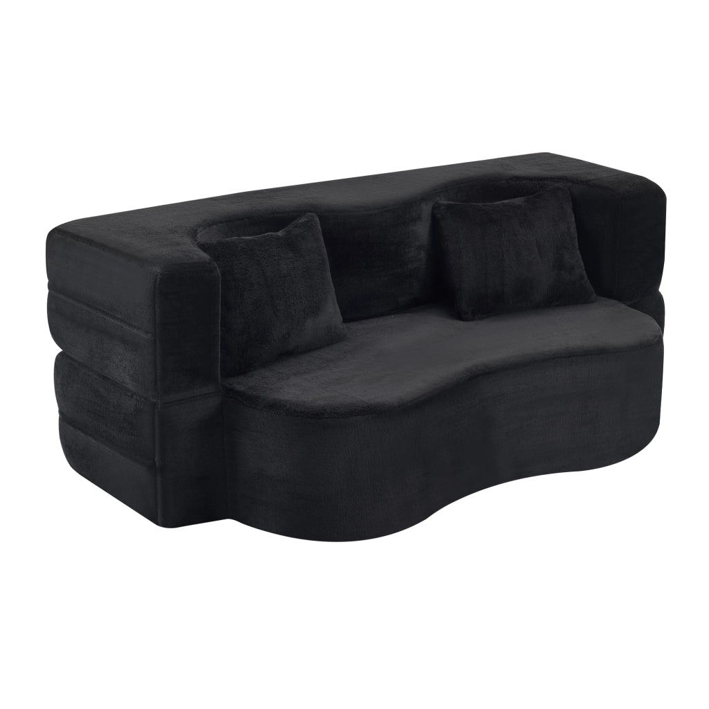 Divano letto pieghevole 2 posti con funzione letto e 2 cuscini in tessuto effetto peluche nero