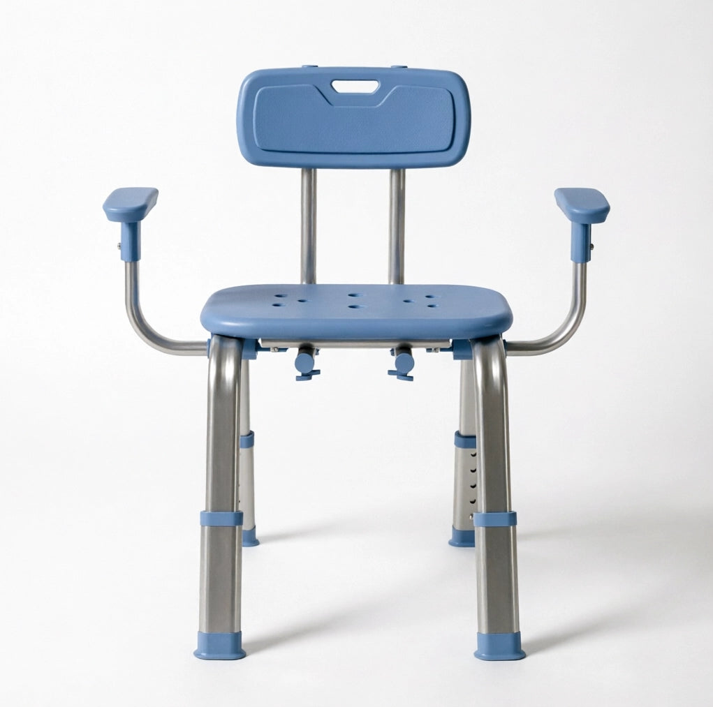 Sedia da doccia ULEVR regolabile in altezza 34-44 cm con schienale e braccioli, portata 150 kg, blu e argento