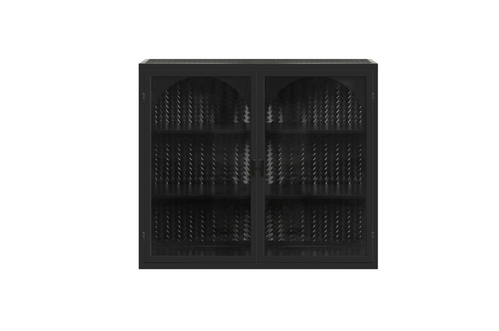 Mobiletto da Parete Nero in Metallo e Vetro Temperato 70x60x23 cm con 2 Ante e Ripiani Interni