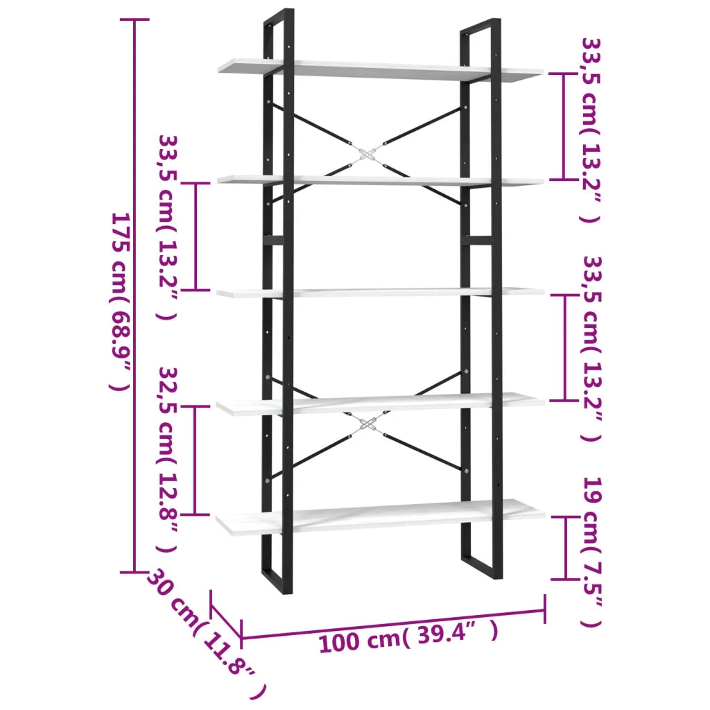 Libreria a 5 Ripiani-Scaffale per Libri-Mobile di Stoccaggio Bianca 100x30x175 cm in Legno di Pino