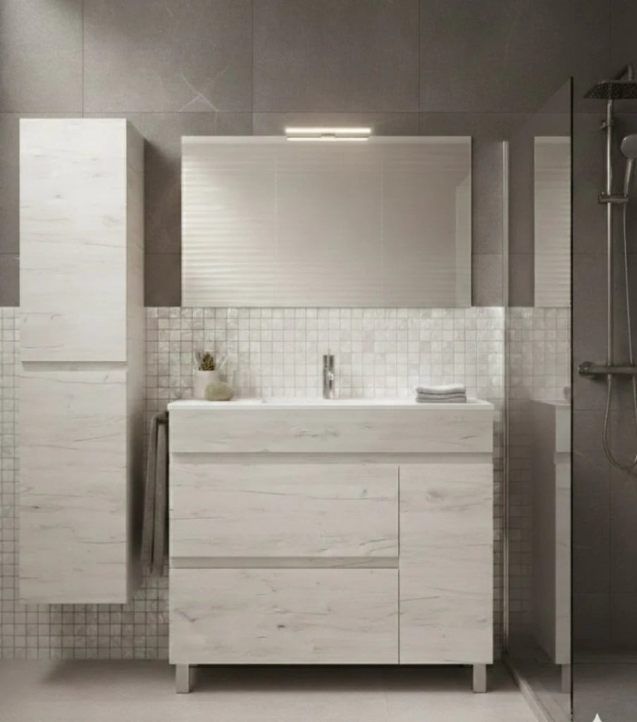 Mobile Bagno FENRIR Già Montato 2 cassetti e porta con piedini, lavabo e specchio Bianco nordico 80x40 cm con colonna
