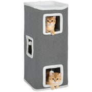 Torre per Gatti con Casette e Palline ¨C zephmum ¨C Legno, Tessuto, 41x41x100 cm, Grigio Bianco