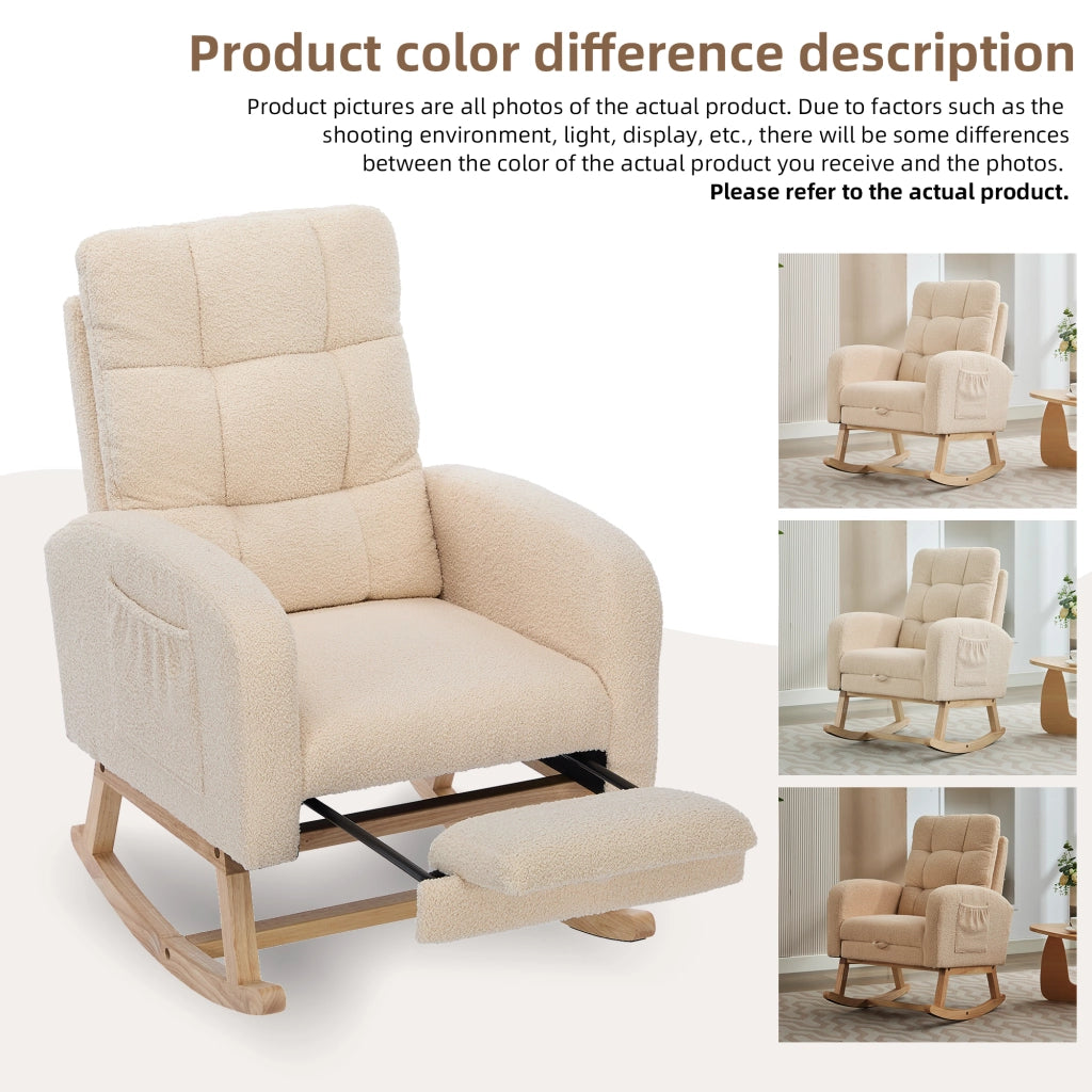 Poltrona a dondolo ergonomica con tasca laterale e schienale alto in tessuto bouclé beige per relax 132 × 50 × 99 cm