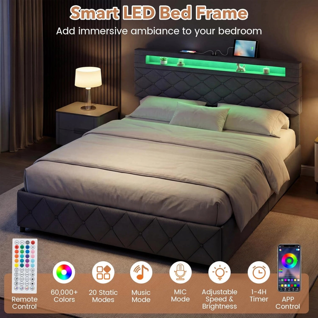 Telaio Letto Matrimoniale 140x200 / 160x200 cm con LED, Porte USB, Testiera e Cassetti Regolabili, Capacità di Carico 500 kg, Colore Grigio