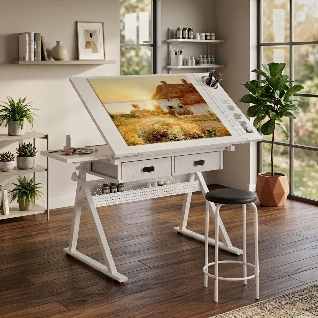 Scrivania regolabile in altezza con piano inclinabile da 0 a 75°; 2 cassetti in tessuto e sgabello bianca per studio