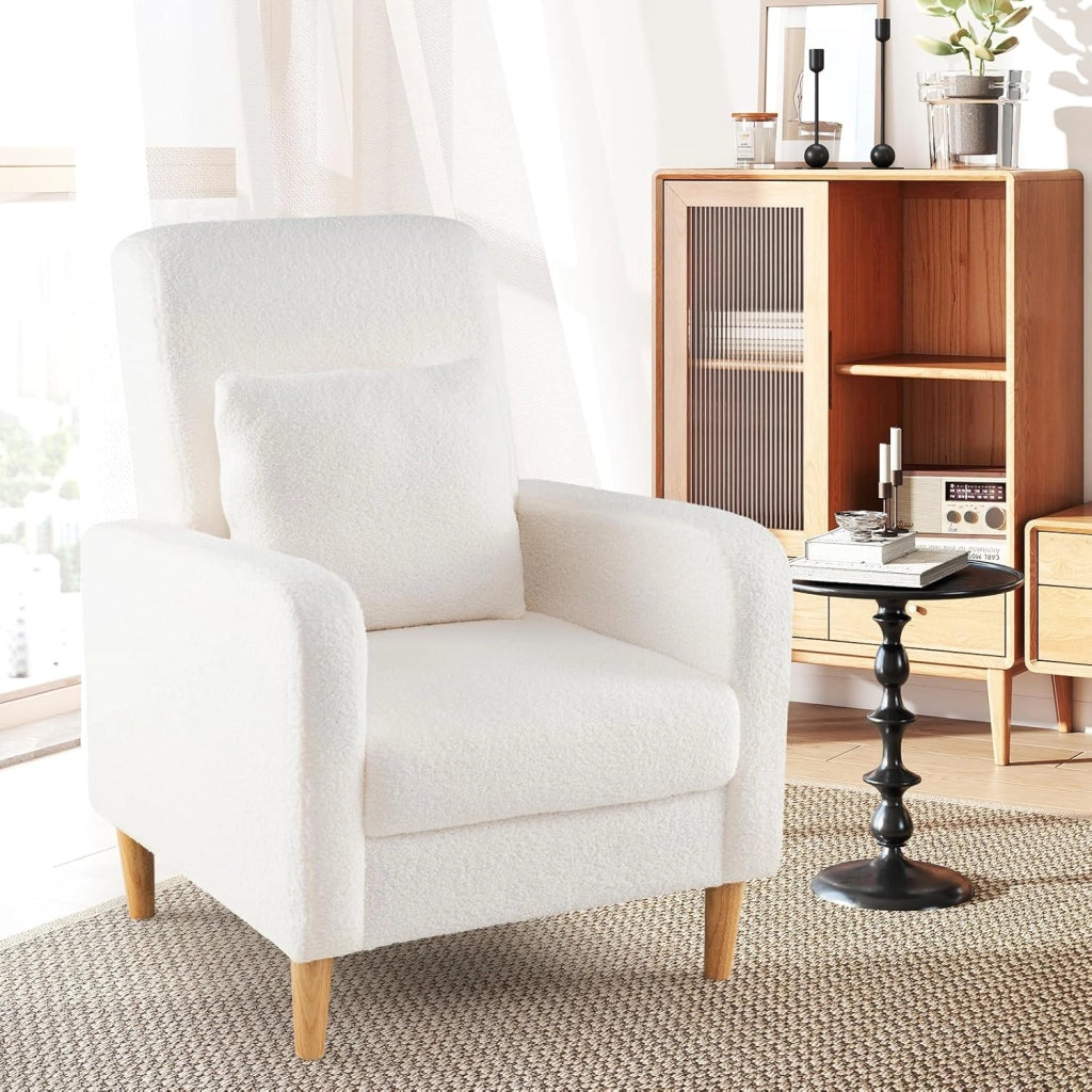 Poltrona Supplementare con superficie in pile Sherpa e cuscino spesso imbottito in spugna, sedia relax semplice con braccioli ergonomici, gambe di sostegno in legno di Heva, bianco