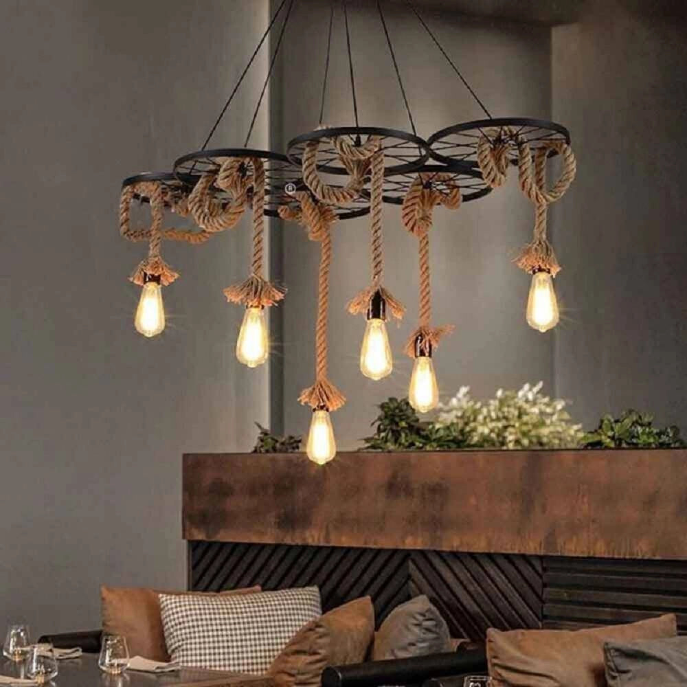 Trade Shop - Lampadario A Sospensione Con Corde Canapa 6 Portalampada E27 Retrò Country A89-6 -