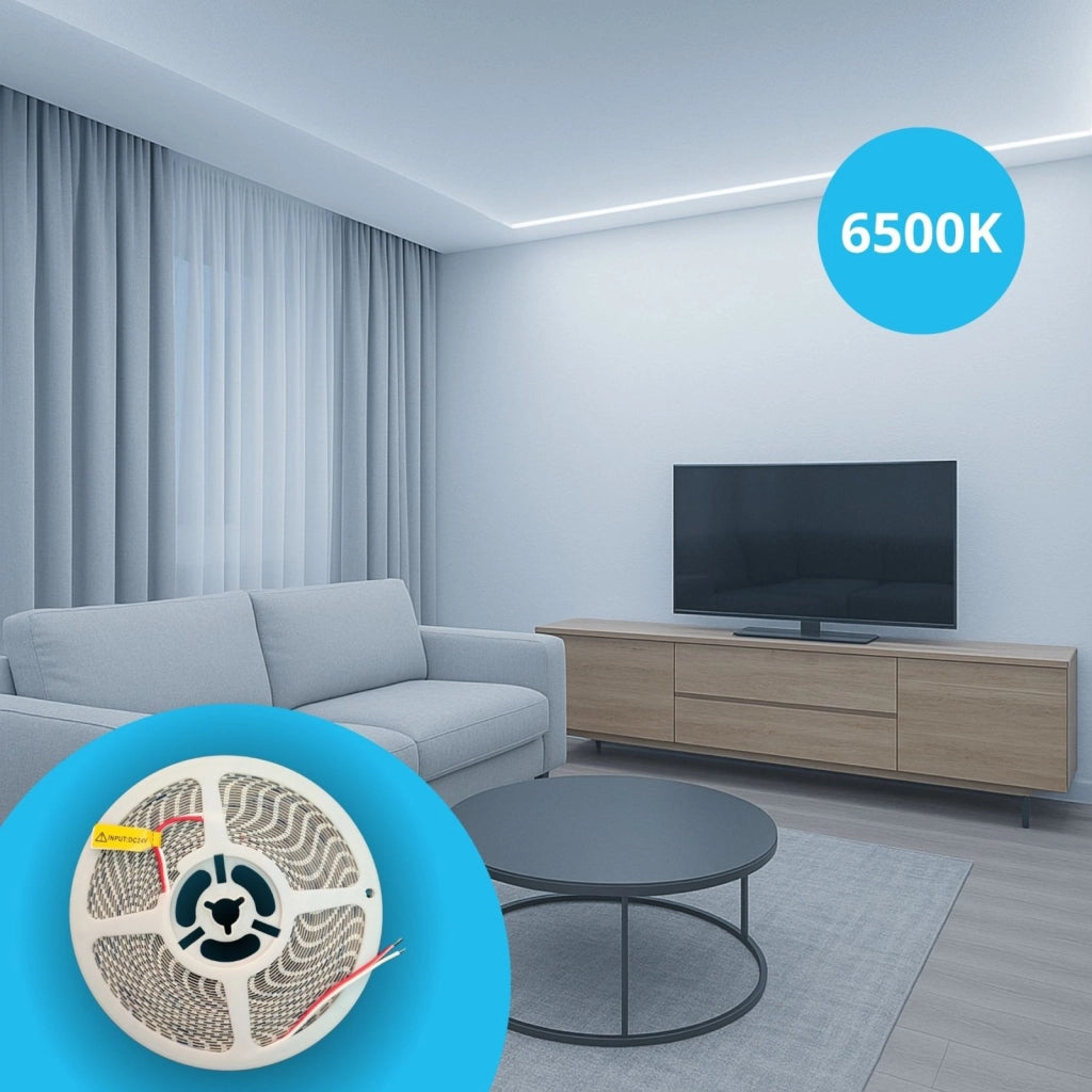 24V Striscia Led SMD Da 10 Metri, Slim da 5mm 8W/M, 110lm/W 120SMD/M, Bianco Freddo 6500K, Tagliabile Ogni Singolo Led da 8mm, Dimmerabile PWM, IP20, CRI>80
