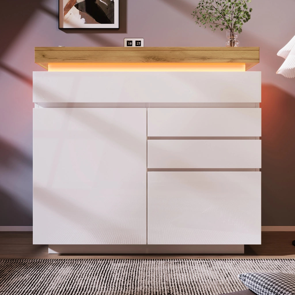 Cassettiera Sideboard con LED e Ante ¨C MINIMAL ¨C Bianco Lucido 115x110x39
