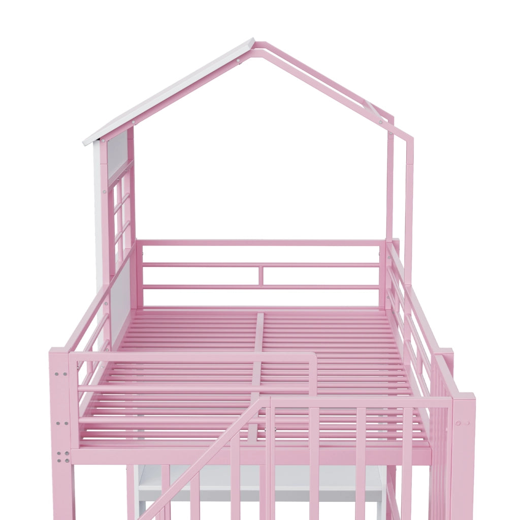Letto a soppalco 90x200 cm rosa con scala contenitore