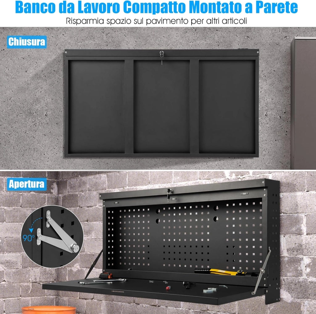 Banco da Lavoro Pieghevole a Parete, Organizzatore 2 in1 con Pannello Portautensili e Piano Spazioso, Tavolo da Lavoro Appeso per Garage, Magazzino, Officina, Nero