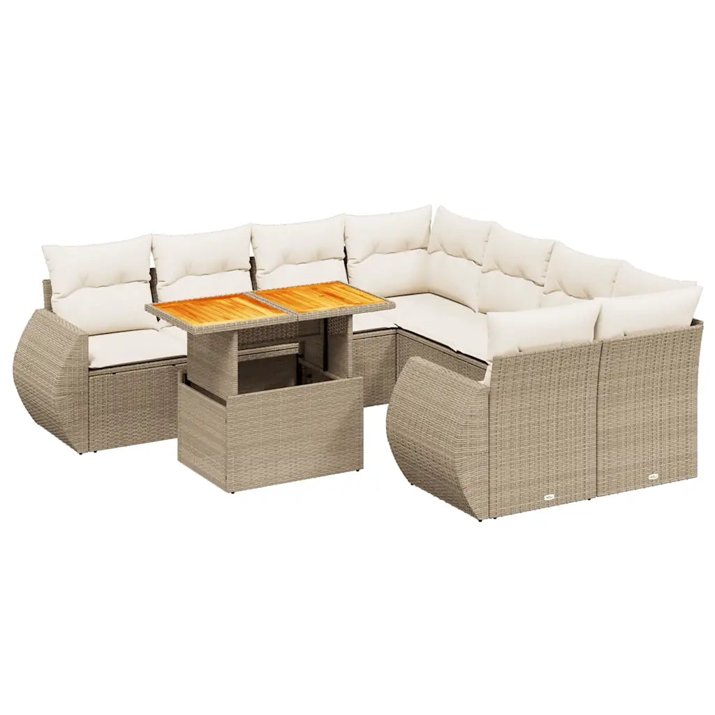 Set Divano da Giardino 9 pz con Cuscini Beige in Polyrattan