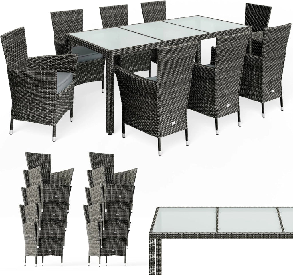 ® Mobili da Giardino Polyrattan 8 Sedie Impilabili 190x90cm Tavolo da Giardino Vetro Resistente alle Intemperie Esterno Moderno Terrazza