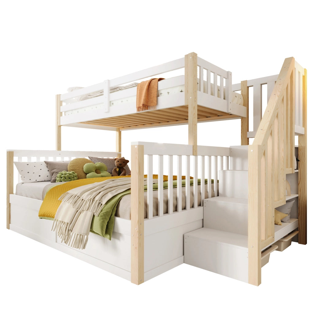 Letto a Castello con Contenitore ¨C MINIMAL ¨C Bianco/Naturale, 90x200 + 140x200, Idraulico