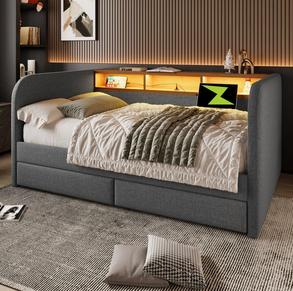 Letto imbottito con 2 cassetti; testiera con LED e USB-C; 140x190 cm; grigio