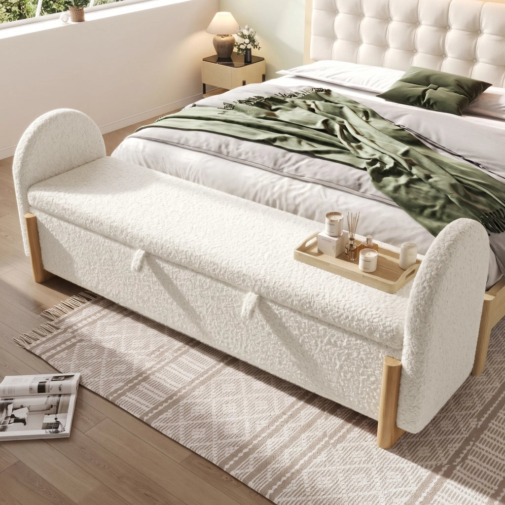 Panca contenitore 186 × 47 × 61 cm con vano idraulico e soft-close, senza materasso, in chenille bouclé, bianco