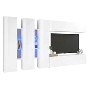 Parete attrezzata Carretto, Set salotto porta TV a 5 ante, Mobile soggiorno multiuso, 100% Made in Italy, cm 340x30h180, Bianco lucido