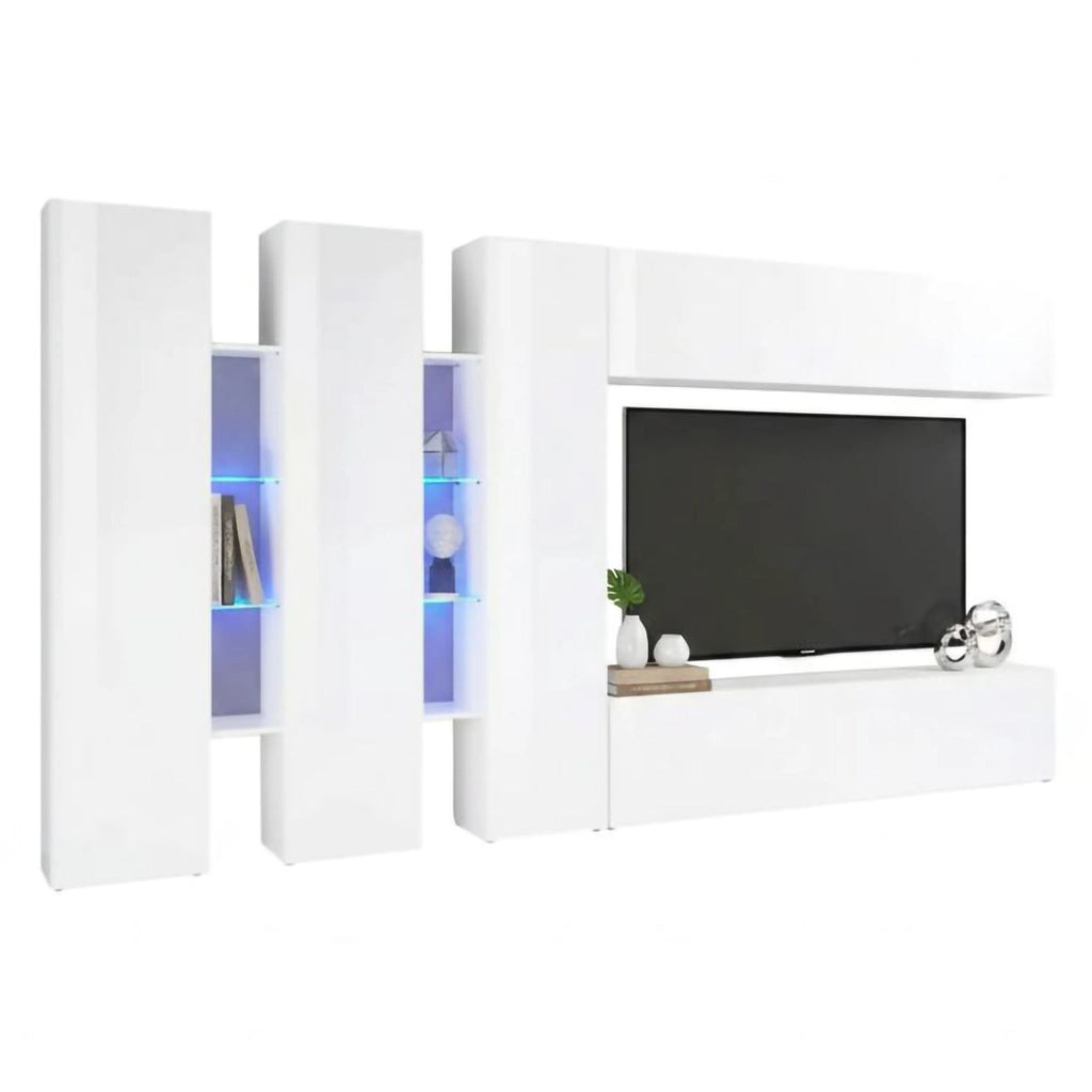Parete attrezzata Carretto, Set salotto porta TV a 5 ante, Mobile soggiorno multiuso, 100% Made in Italy, cm 340x30h180, Bianco lucido