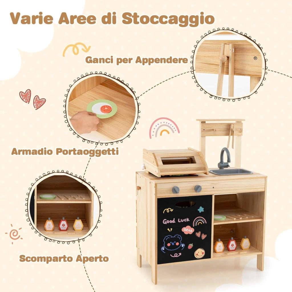 Cucina Giocattolo per Giardino Set di Griglia per Barbecue, Cucina per Bambini in Legno di Abete con Lavagna e Lavello, Set Cucina con 25 Accessori BBQ, 69 x 40 x 90 cm, per Bambini 3+ Anni