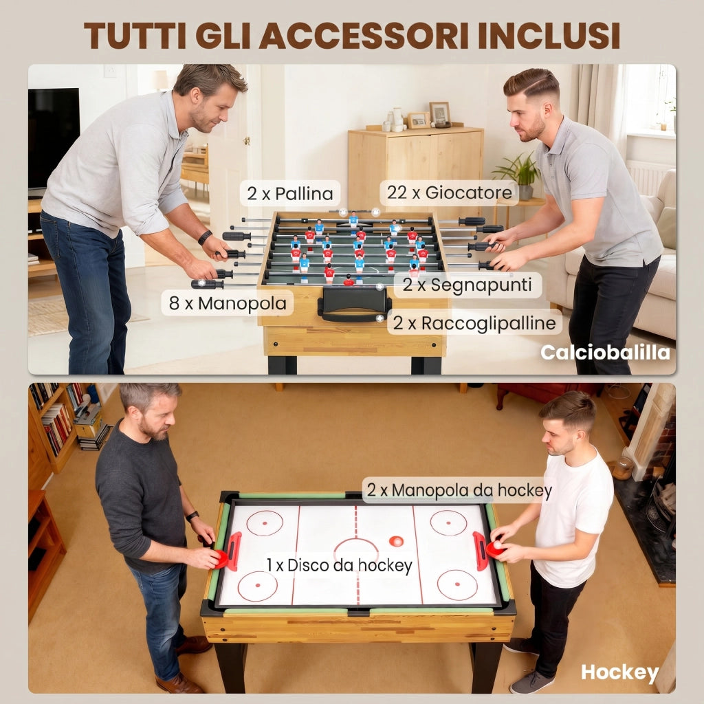 Tavolo da Gioco 13 in 1 con Calciobalilla, Ping Pong, Air Hockey, Biliardo, Scacchi e Altri, Noce