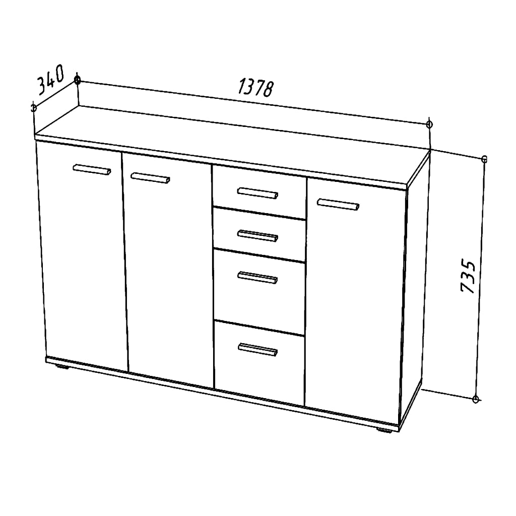 Commode FAUSKE - 4 Cassetti - 3 Ante - Bianco - Larghezza 138 cm, Altezza 74 cm, Profondit? 34 cm