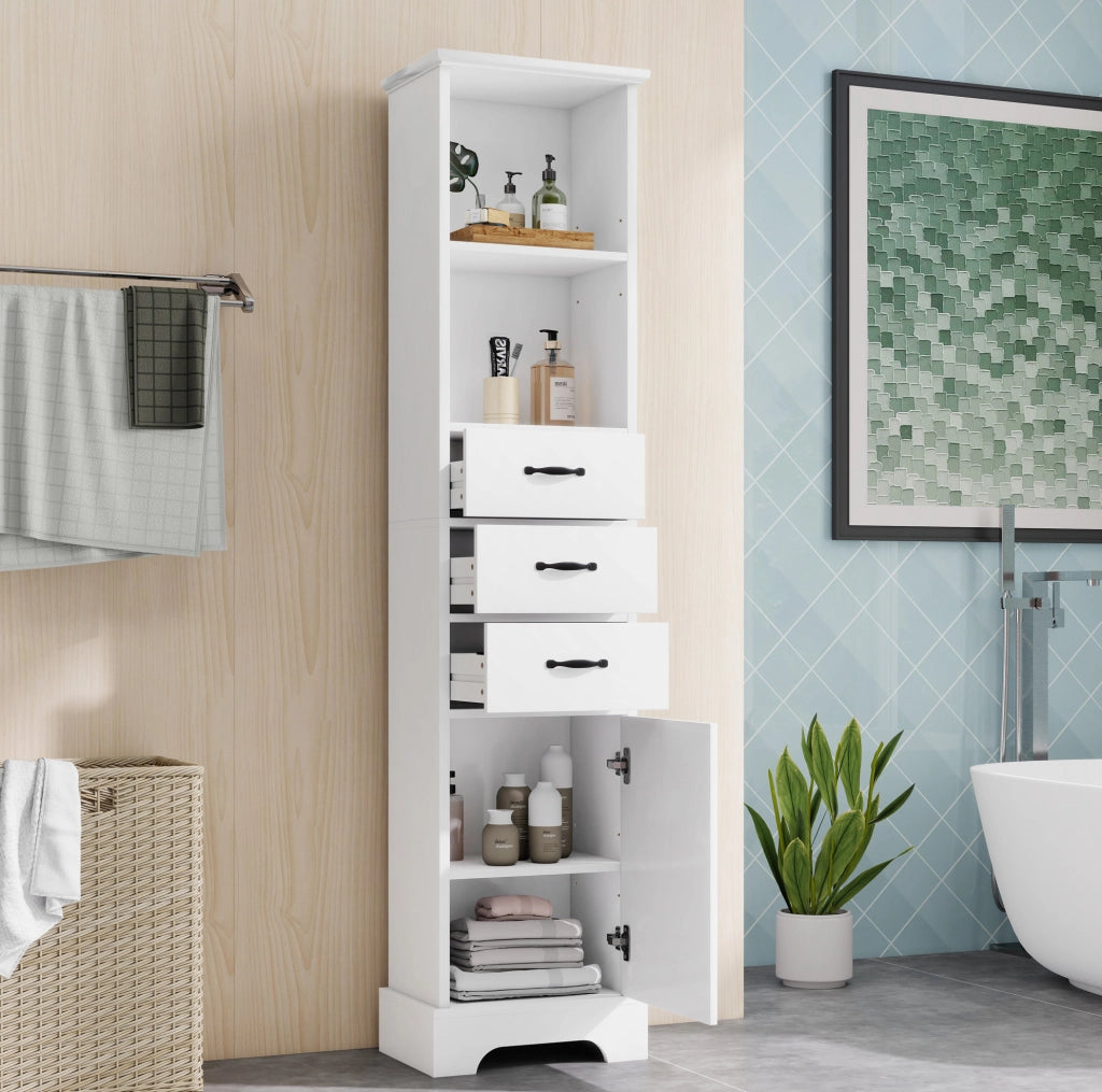 Mobile bagno 38x26x172.5 cm con ripiani regolabili; resistente all'acqua e all'umidità in MDF bianco