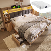 Letto matrimoniale 160x200 cm effetto rovere con LED; porte USB e USB-C; contenitore