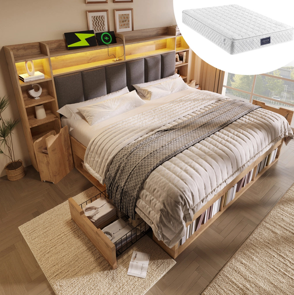 Letto matrimoniale 160x200 cm effetto rovere con LED; porte USB e USB-C; contenitore