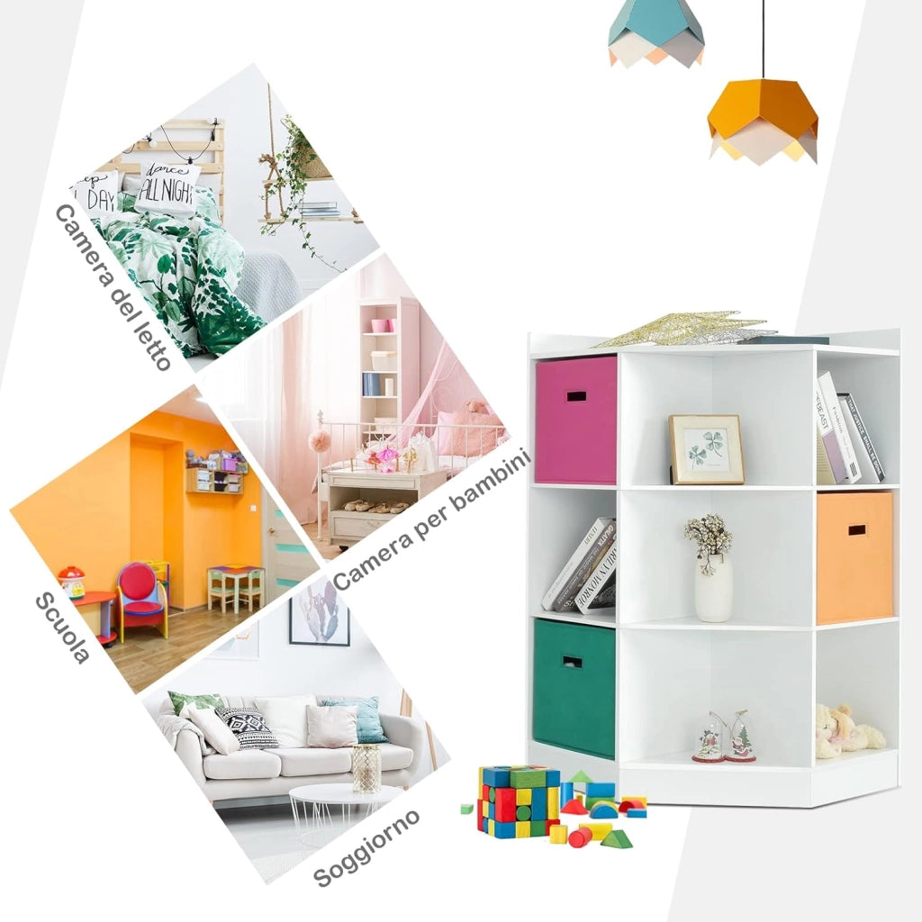 Scaffale Angolare, Scaffale ad Angolo con Tre Cestini Colorati e 9 Ripiani, per Casa, Soggiorno e Camera da Letto, 81x 61 x 94cm (Bianco)