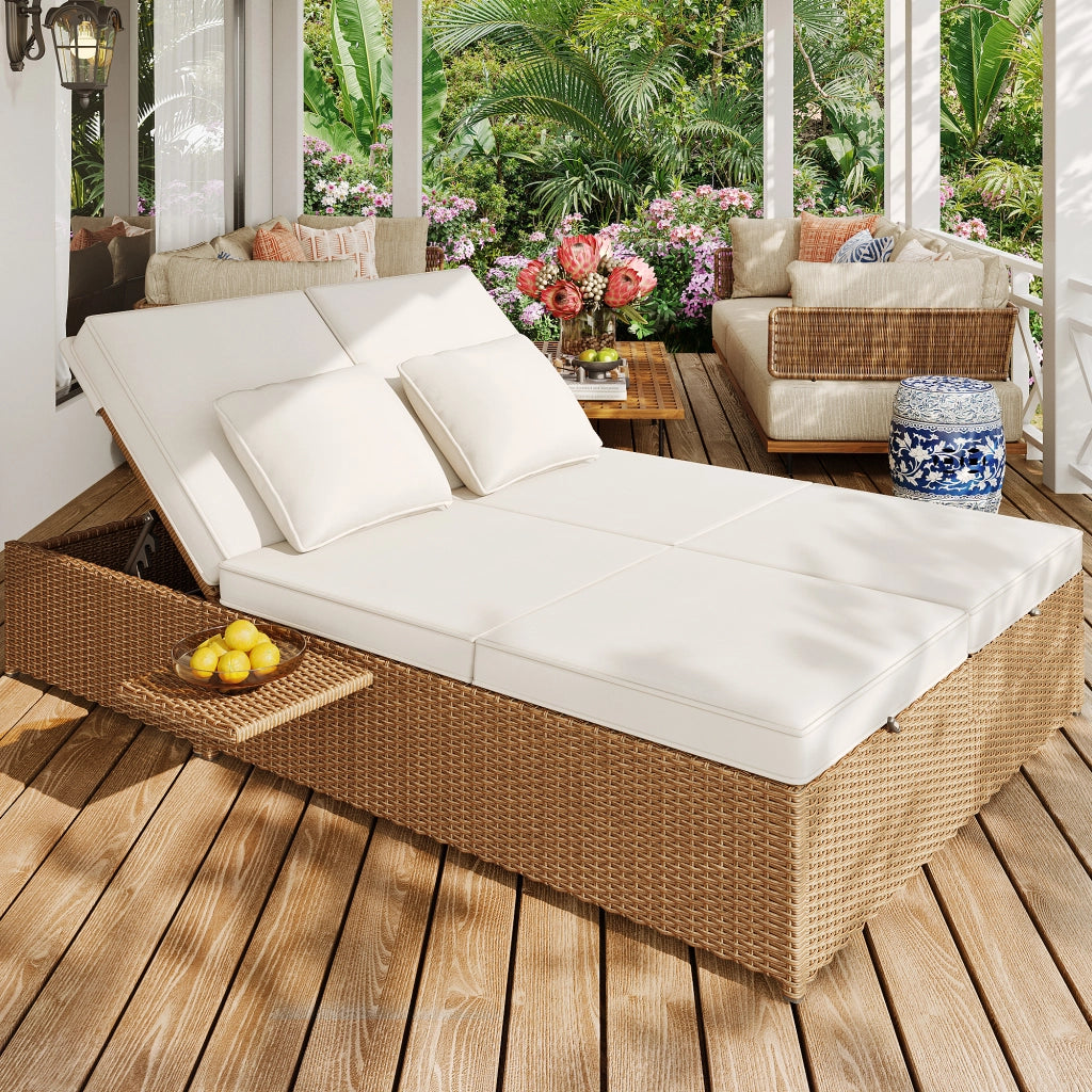 Lettino da Giardino Pieghevole Doppio in Rattan con Cuscino ¨C MINIMAL ¨C Bianco