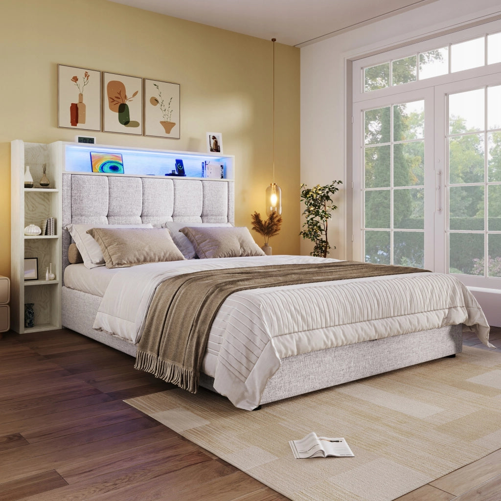 Letto imbottito 90x200 - Xylo - Beige, LED, USB-C, struttura sollevabile